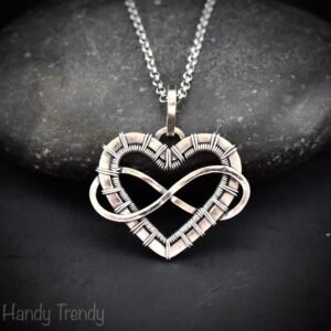 Infinity heart pendant, 925 sterling silver wire wrapped necklace