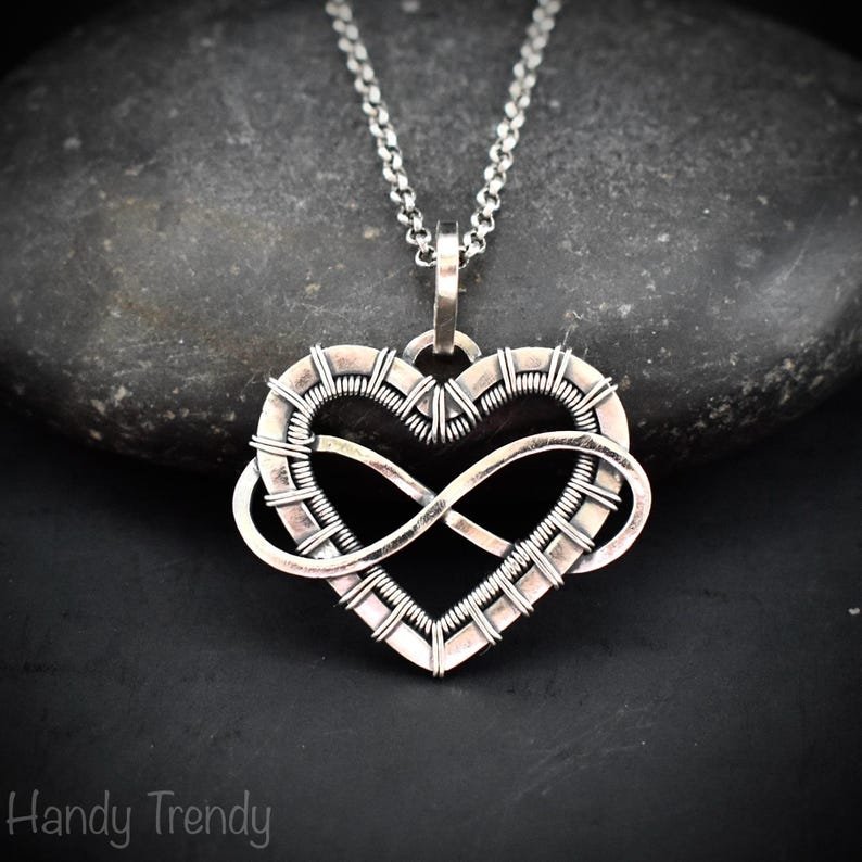 Infinity heart pendant, 925 sterling silver wire wrapped necklace