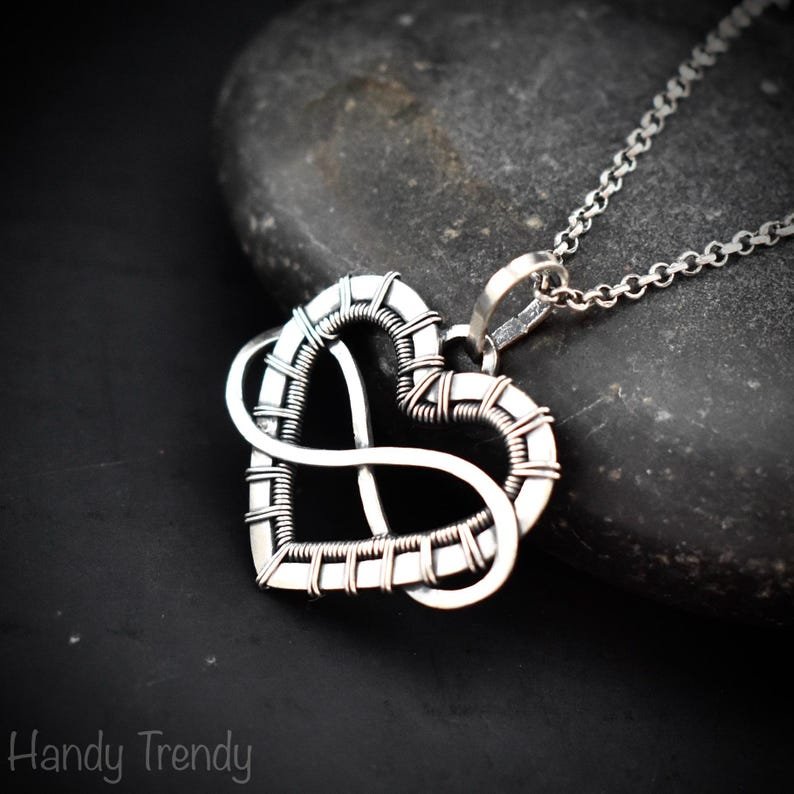 Infinity heart pendant, 925 sterling silver wire wrapped necklace
