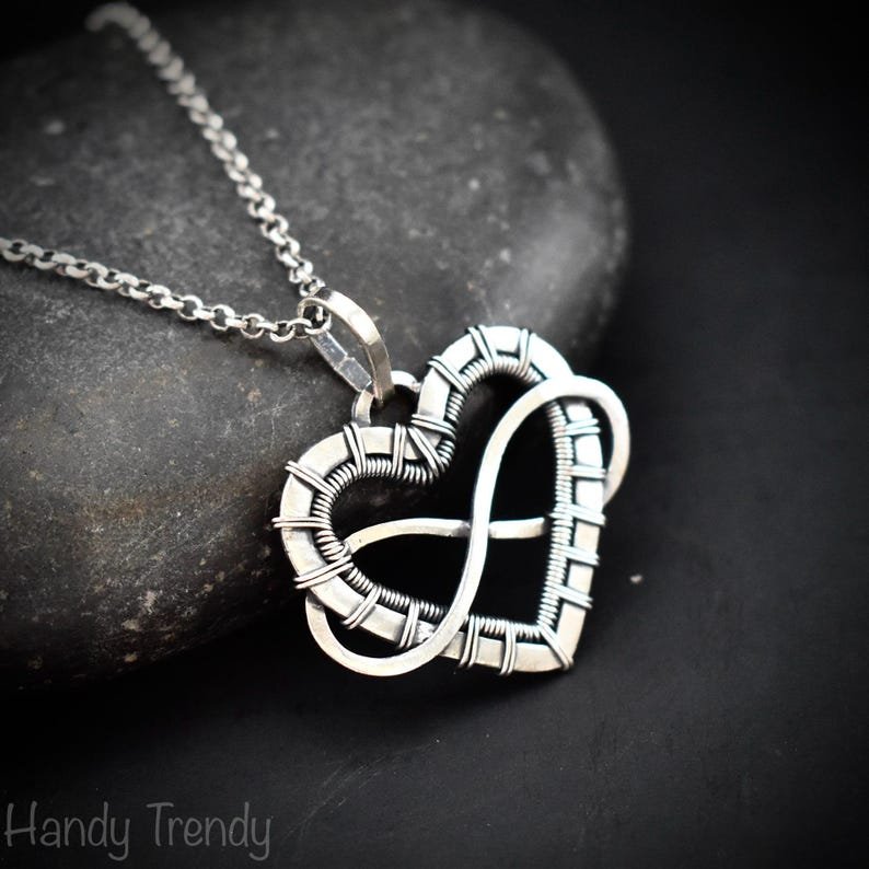 Infinity heart pendant, 925 sterling silver wire wrapped necklace