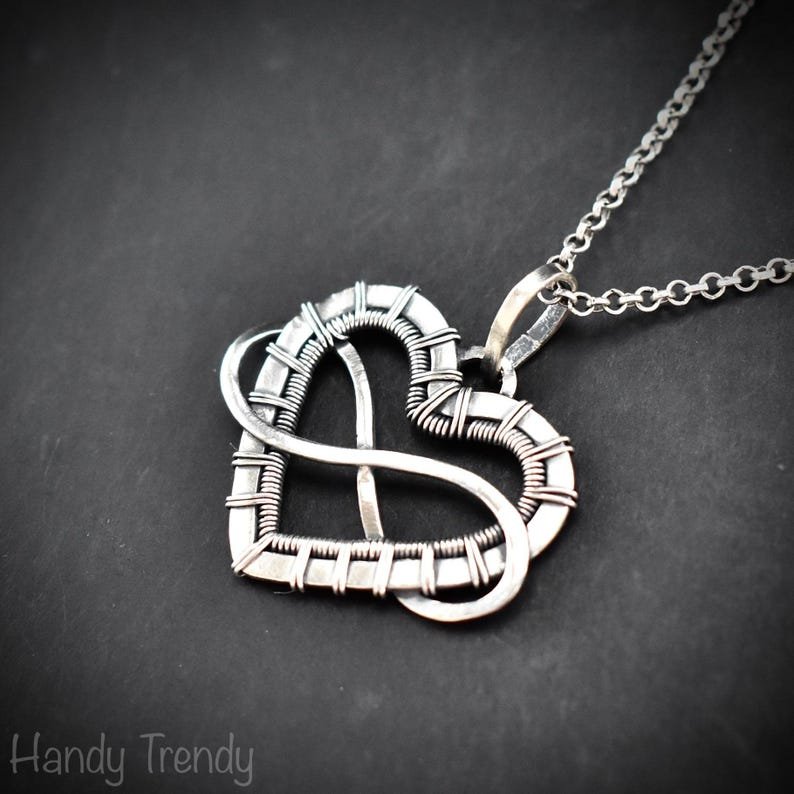 Infinity heart pendant, 925 sterling silver wire wrapped necklace