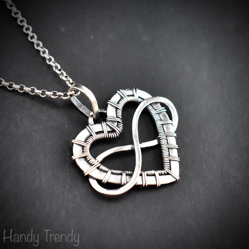 Infinity heart pendant, 925 sterling silver wire wrapped necklace