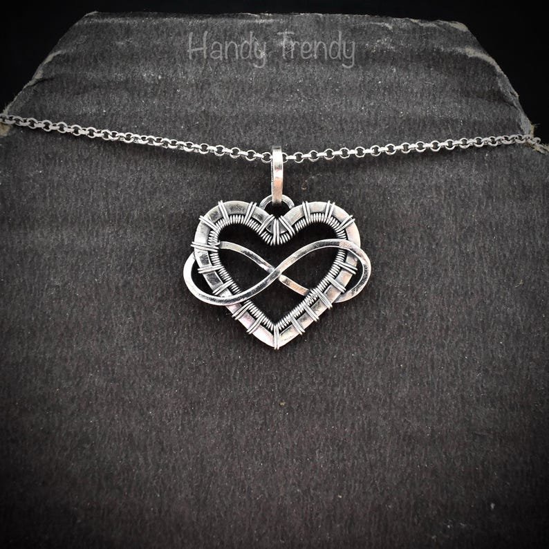 Infinity heart pendant, 925 sterling silver wire wrapped necklace