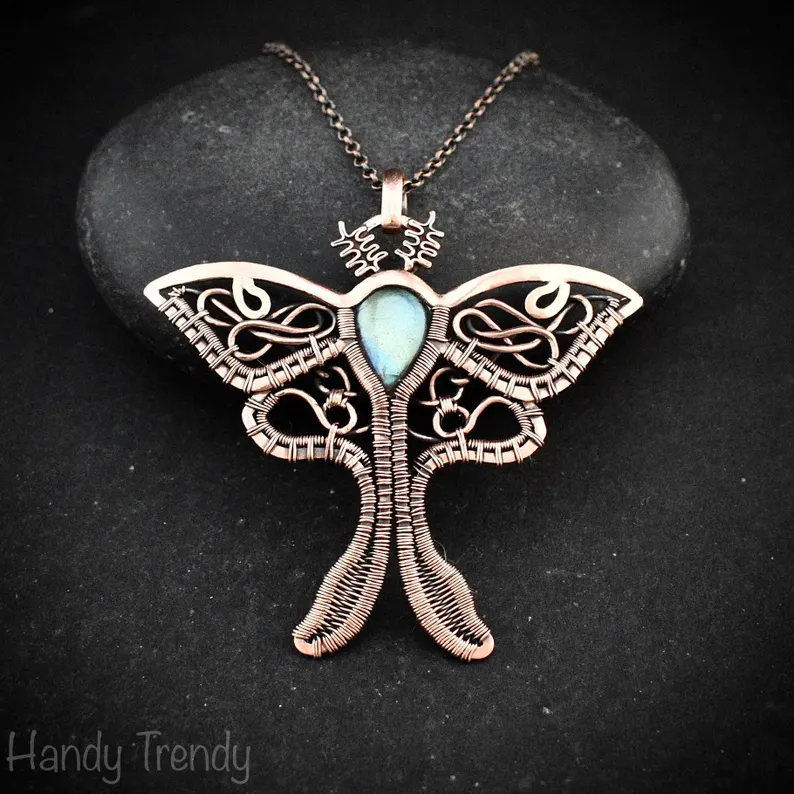 Luna moth pendant, Green labradorite and copper wire wrapped necklace
