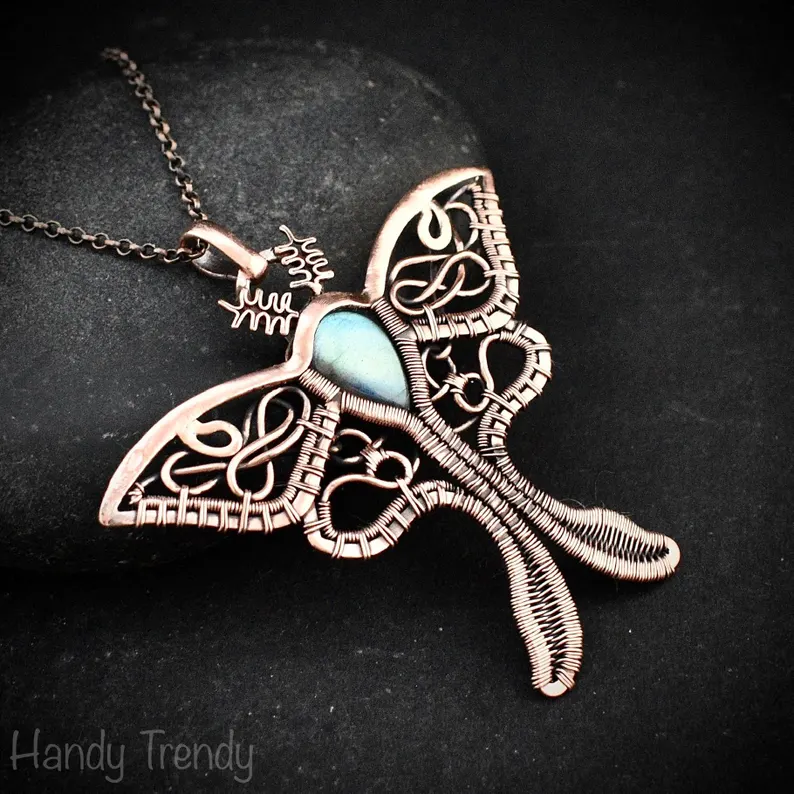 Luna moth pendant, Green labradorite and copper wire wrapped necklace