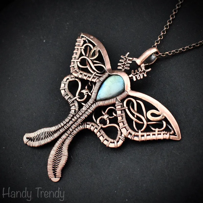 Luna moth pendant, Green labradorite and copper wire wrapped necklace