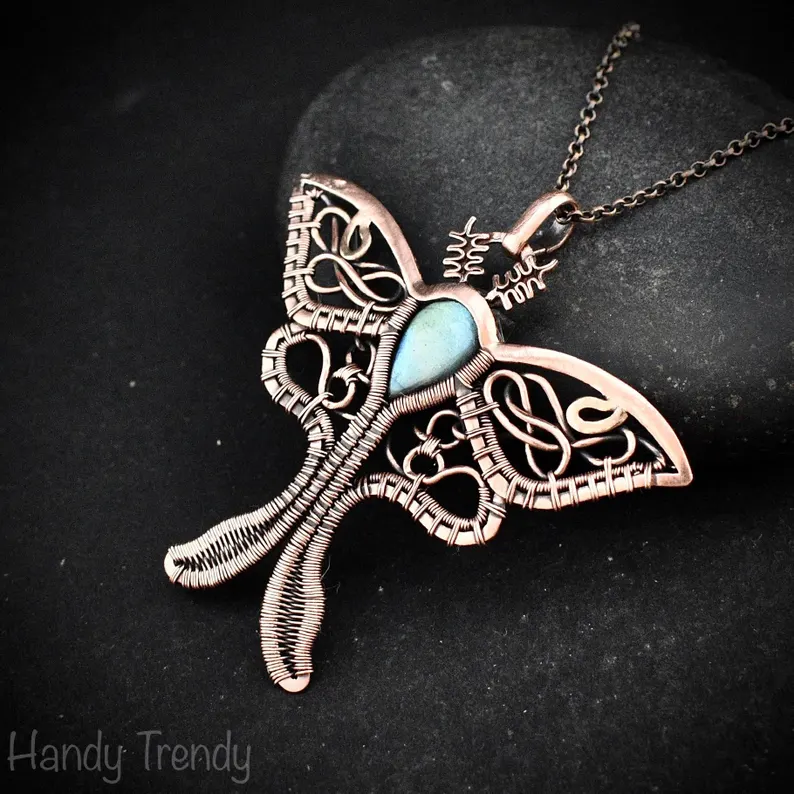 Luna moth pendant, Green labradorite and copper wire wrapped necklace