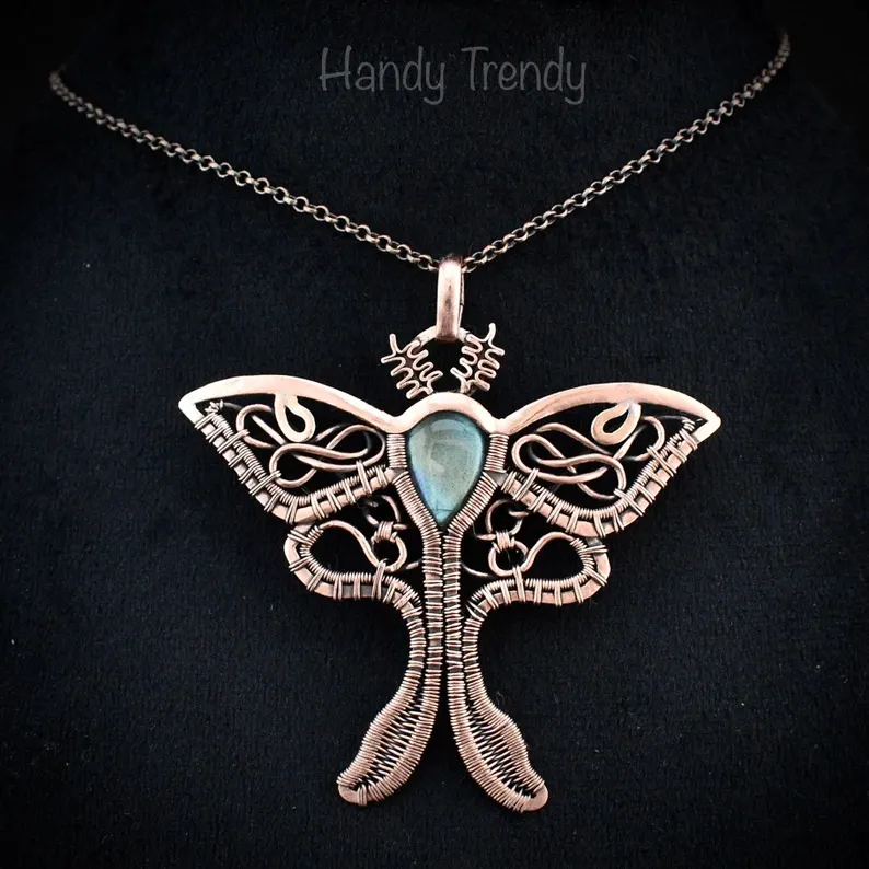 Luna moth pendant, Green labradorite and copper wire wrapped necklace