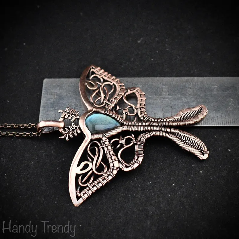 Luna moth pendant, Green labradorite and copper wire wrapped necklace