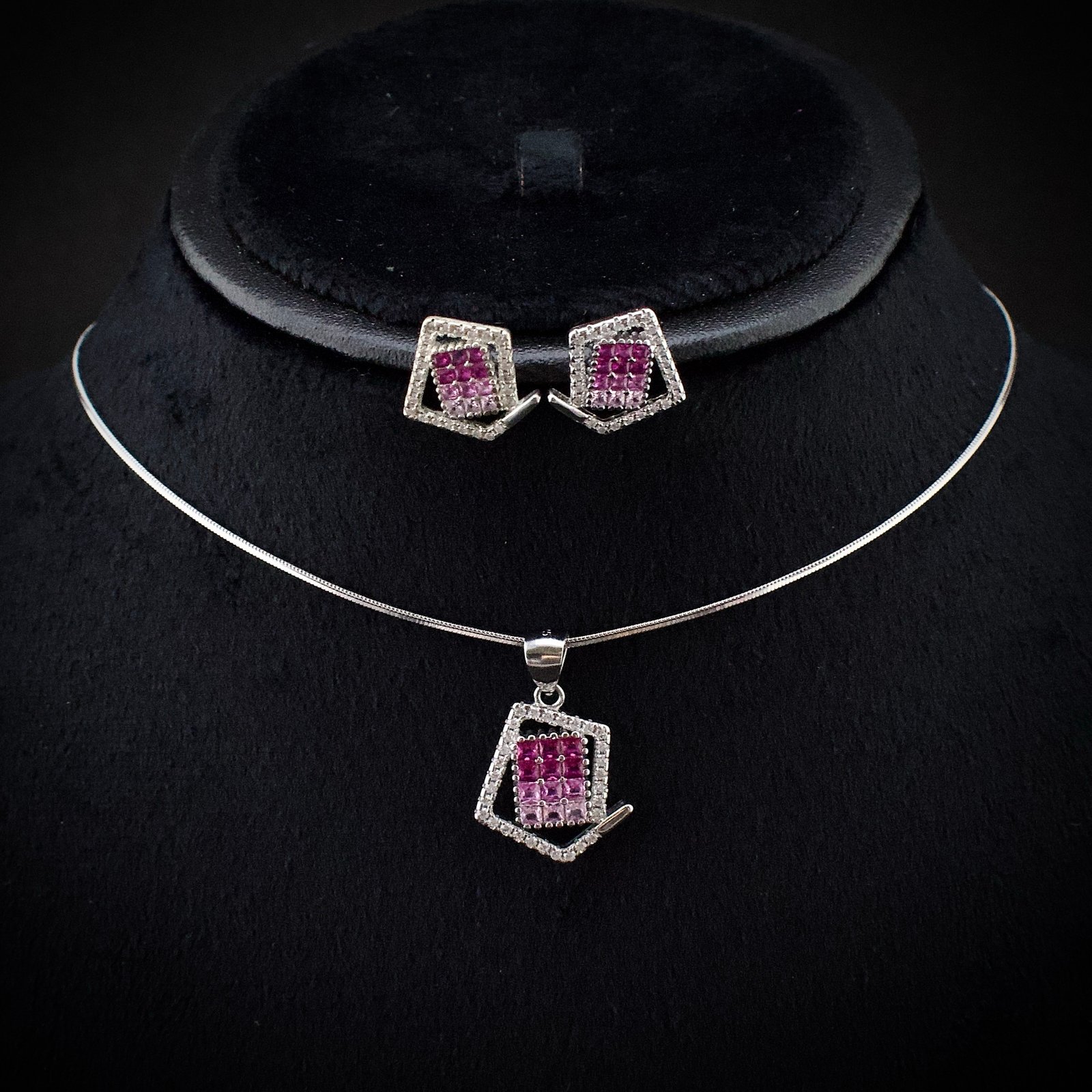 Cubic zirconia pendant earring set 925 sterling silver and pink white CZ neckalce, Unique handmade birthday gift, Wedding jewelry for bride