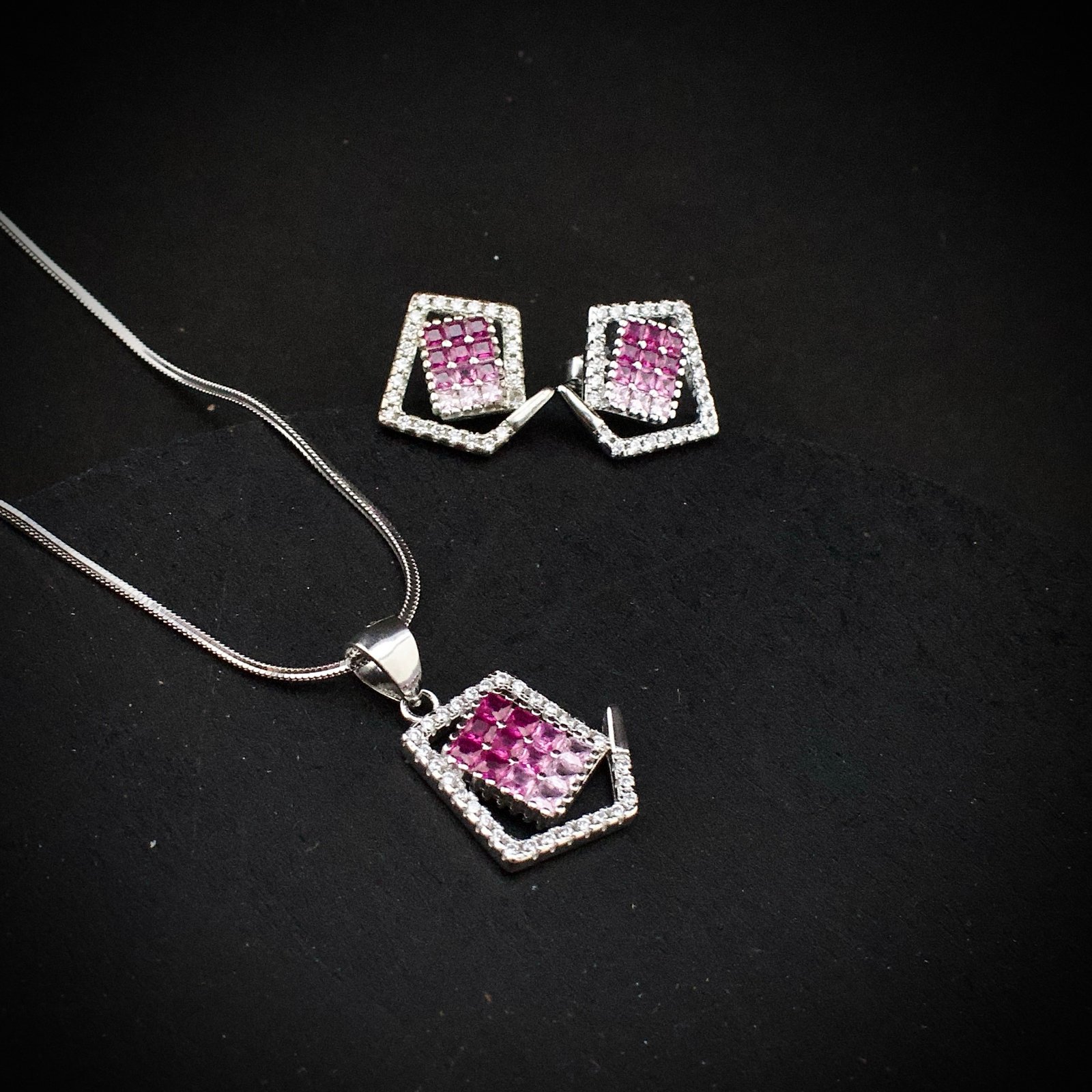 Cubic zirconia pendant earring set 925 sterling silver and pink white CZ neckalce, Unique handmade birthday gift, Wedding jewelry for bride