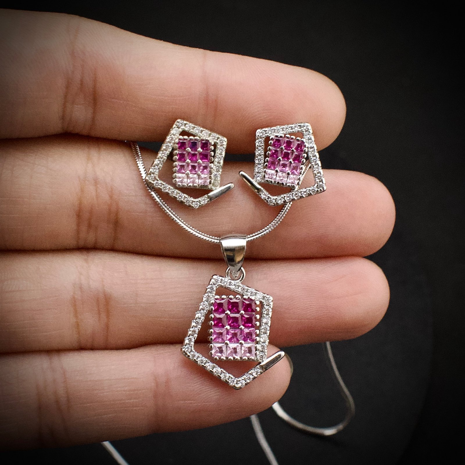 Cubic zirconia pendant earring set 925 sterling silver and pink white CZ neckalce, Unique handmade birthday gift, Wedding jewelry for bride