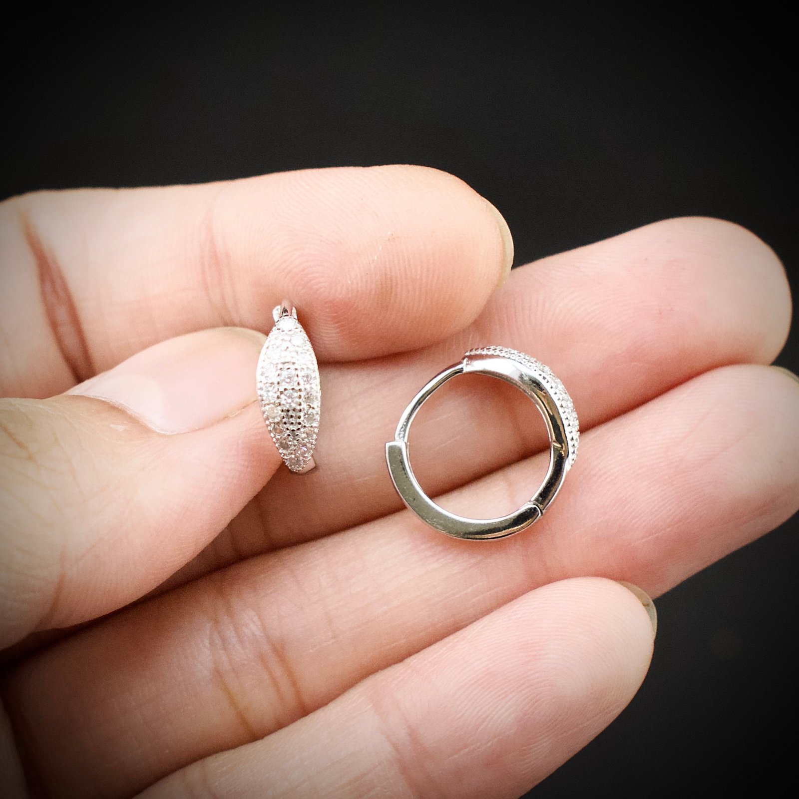 Huggie hoop earring, 925 sterling silver and white cubic zirconia earrings, Unique handmade birthday gift, Wedding jewelry for bride