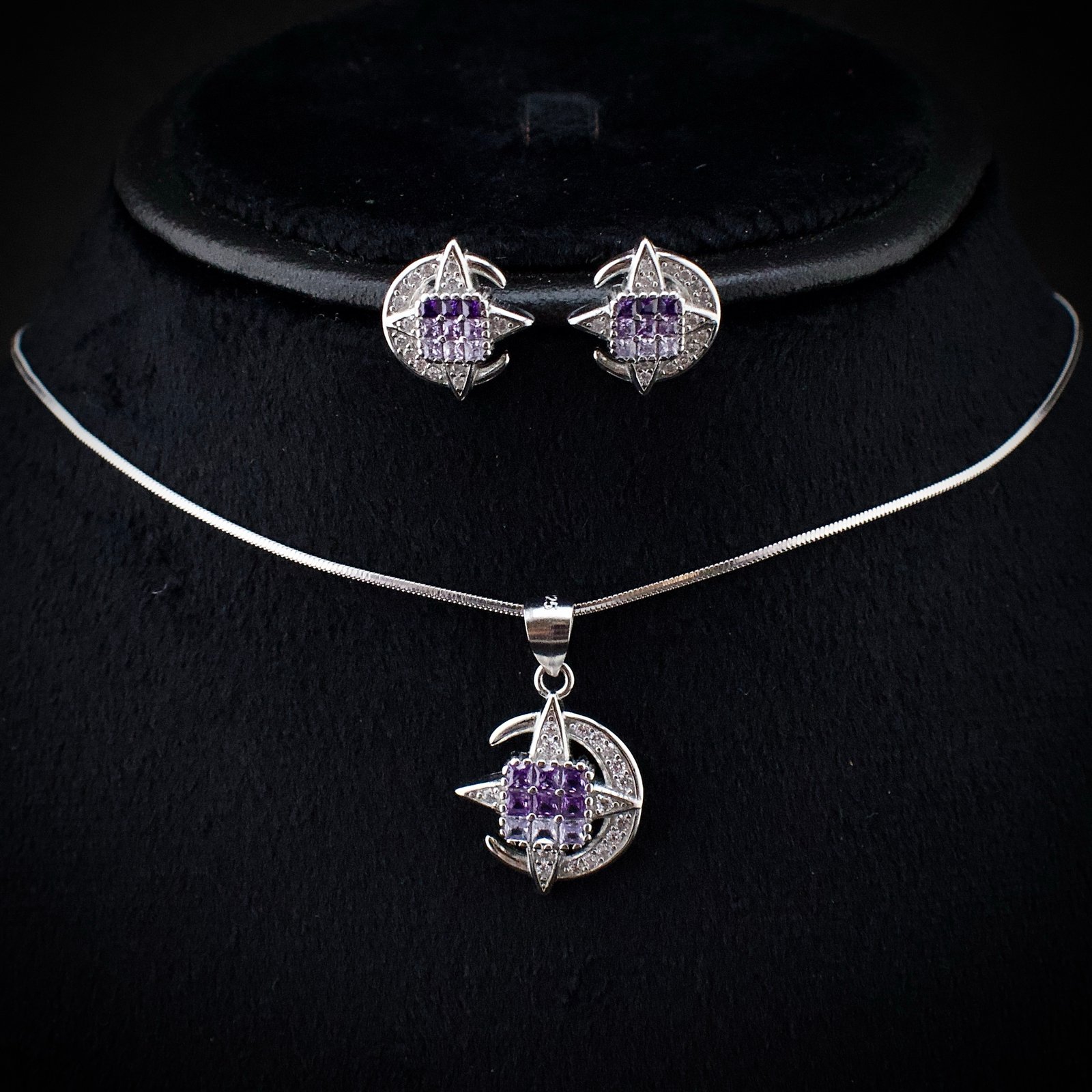 Cubic zirconia pendant earring set, 925 sterling silver and purple white CZ necklace, Unique birthday gift, Wedding jewelry for bridesmaid