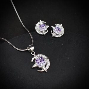 Cubic zirconia pendant earring set, 925 sterling silver and purple white CZ necklace, Unique birthday gift, Wedding jewelry for bridesmaid