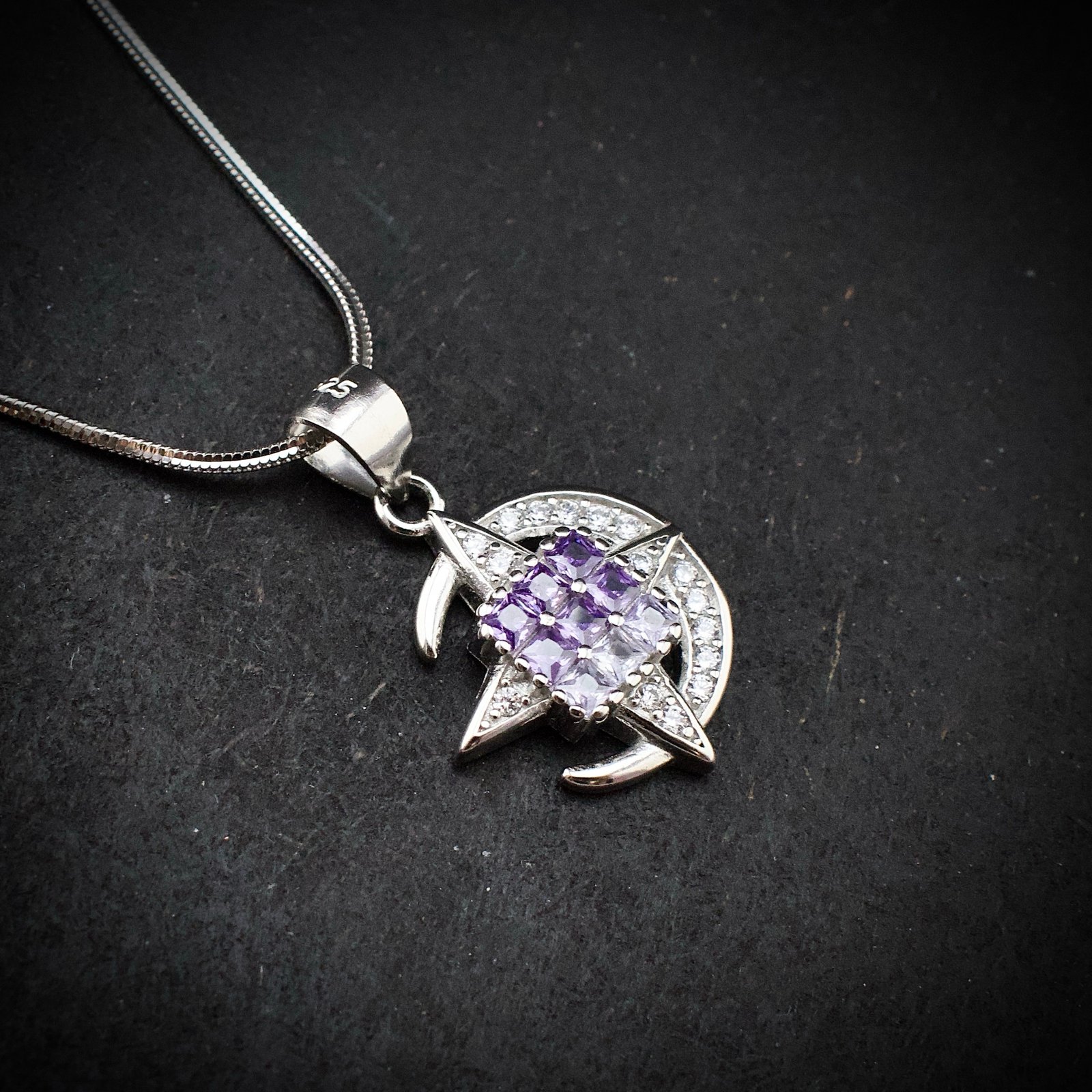 Cubic zirconia pendant earring set, 925 sterling silver and purple white CZ necklace, Unique birthday gift, Wedding jewelry for bridesmaid