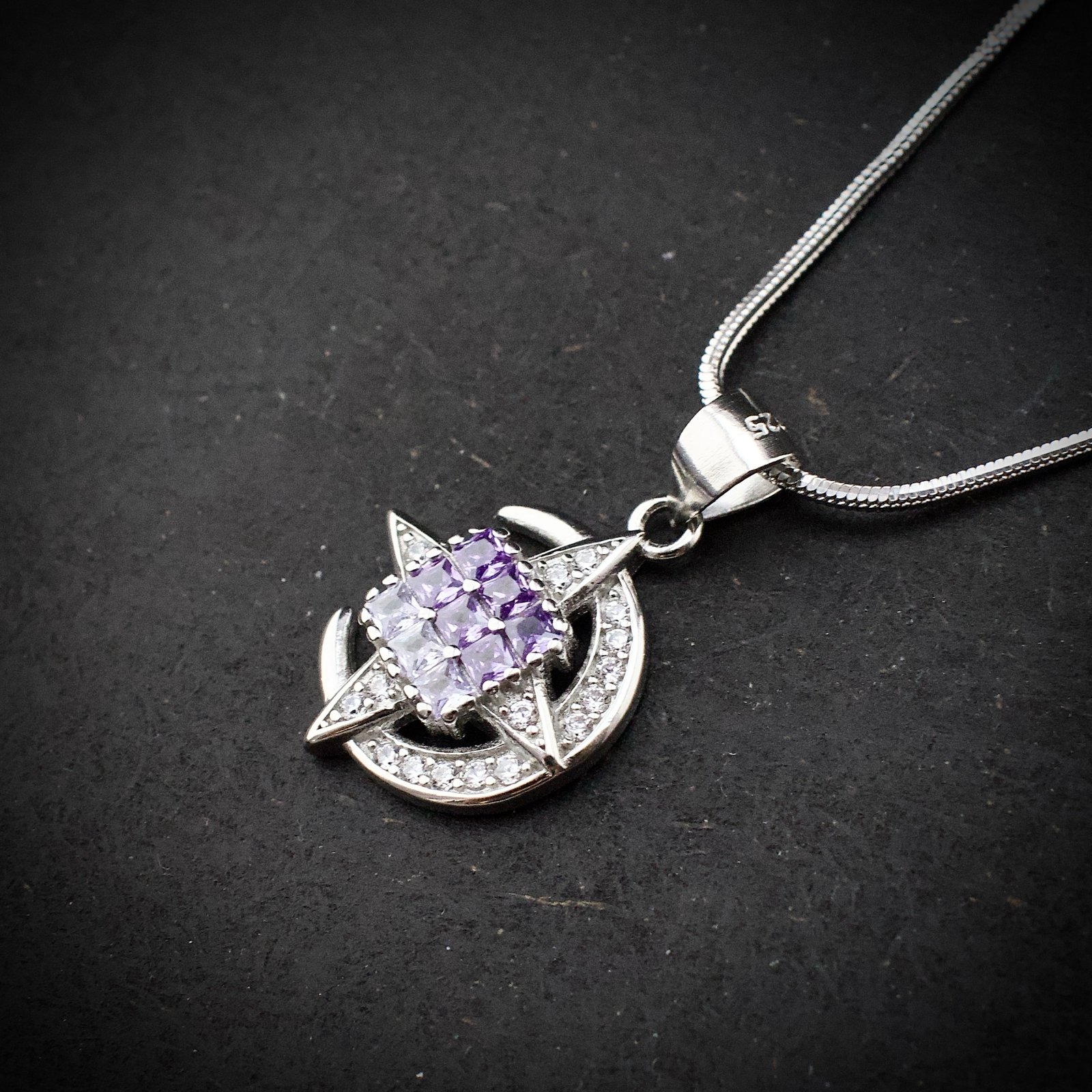 Cubic zirconia pendant earring set, 925 sterling silver and purple white CZ necklace, Unique birthday gift, Wedding jewelry for bridesmaid