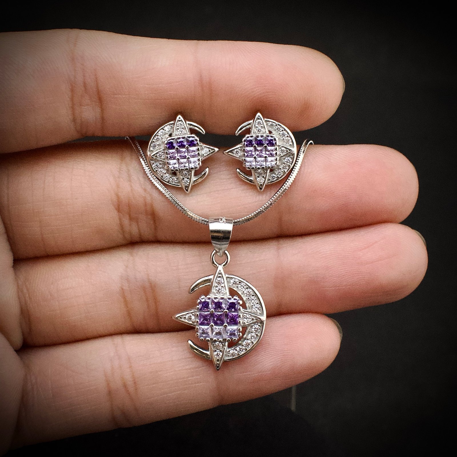 Cubic zirconia pendant earring set, 925 sterling silver and purple white CZ necklace, Unique birthday gift, Wedding jewelry for bridesmaid