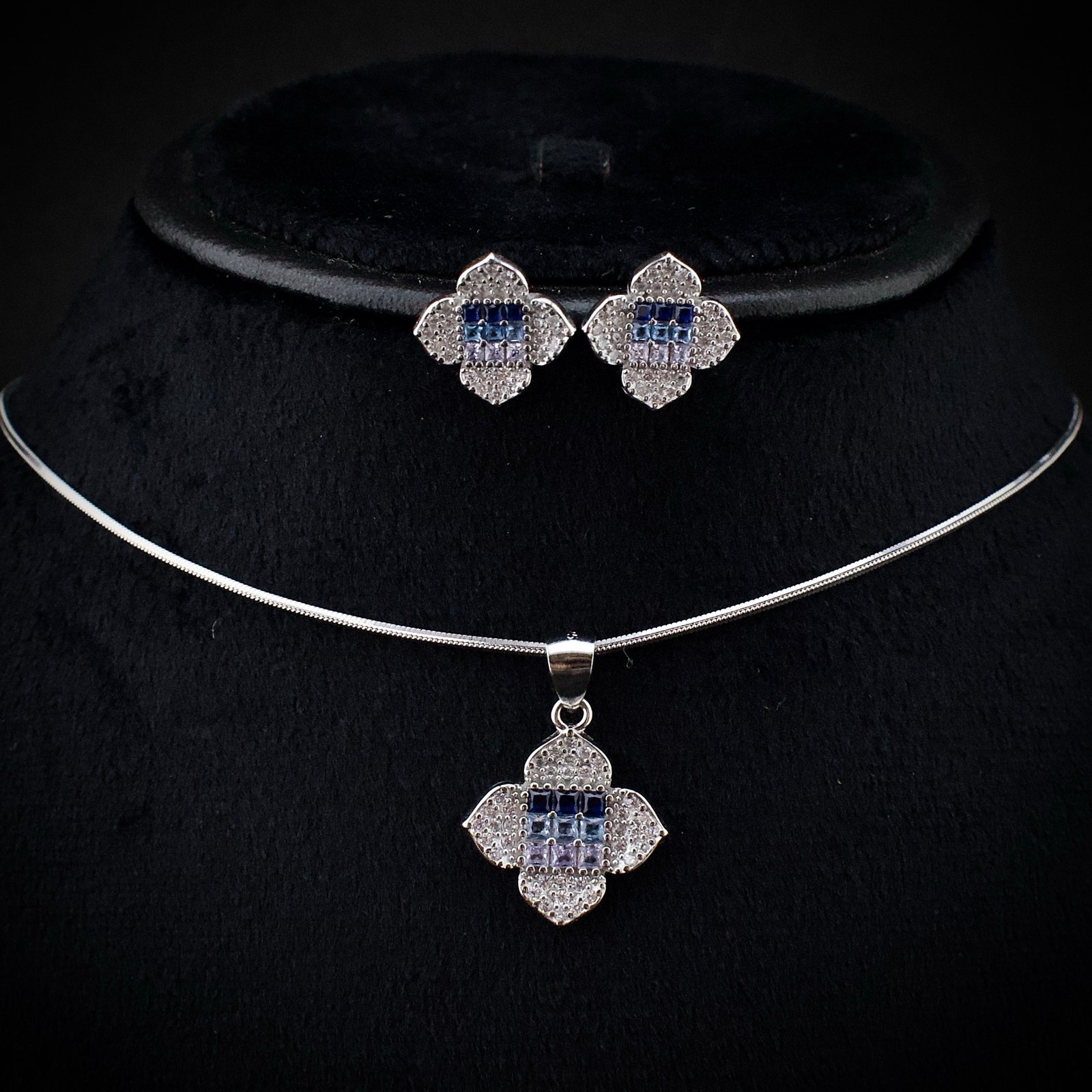 Cubic zirconia pendant earring set, 925 sterling silver and Blue white CZ necklace, Unique birthday gift, Wedding jewelry for bridesmaid