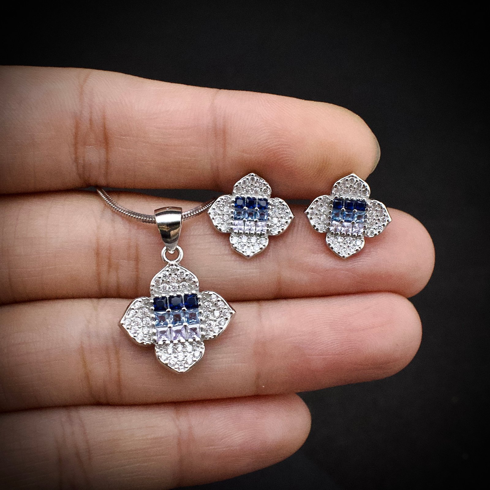Cubic zirconia pendant earring set, 925 sterling silver and Blue white CZ necklace, Unique birthday gift, Wedding jewelry for bridesmaid