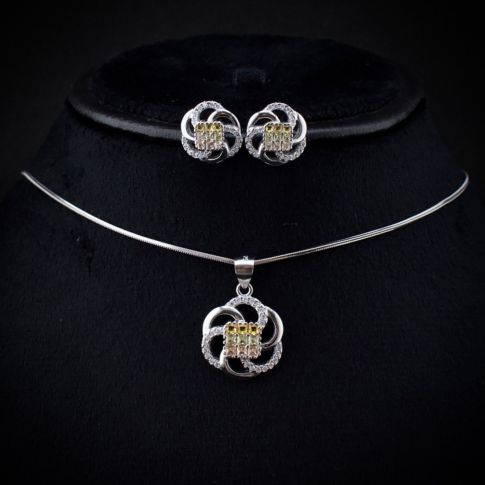 Cubic zirconia pendant earring set, 925 sterling silver and yellow white CZ necklace, Unique birthday gift, Wedding jewelry for bridesmaid