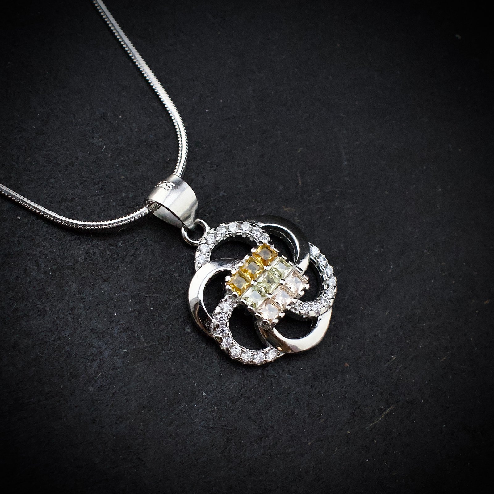 Cubic zirconia pendant earring set, 925 sterling silver and yellow white CZ necklace, Unique birthday gift, Wedding jewelry for bridesmaid