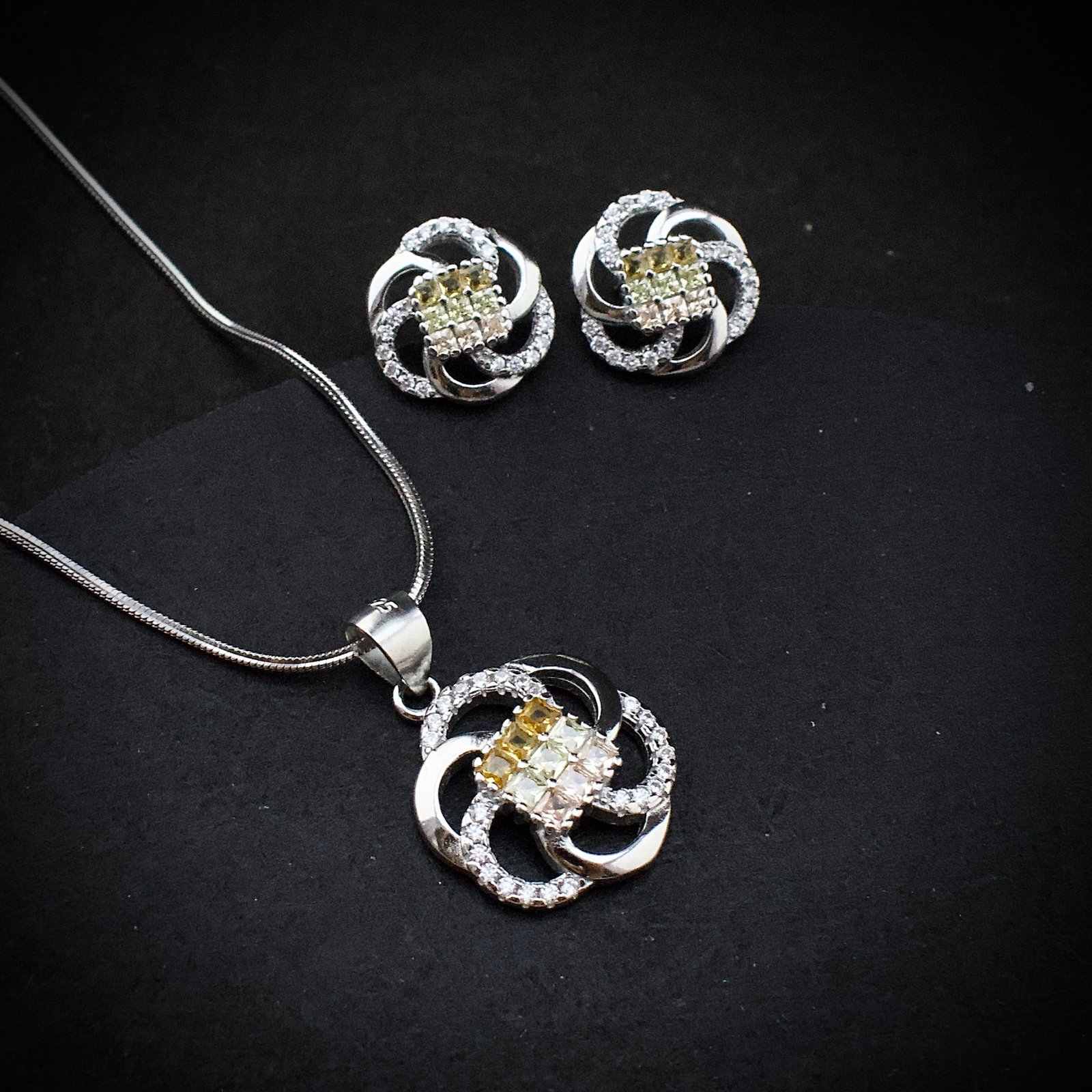 Cubic zirconia pendant earring set, 925 sterling silver and yellow white CZ necklace, Unique birthday gift, Wedding jewelry for bridesmaid