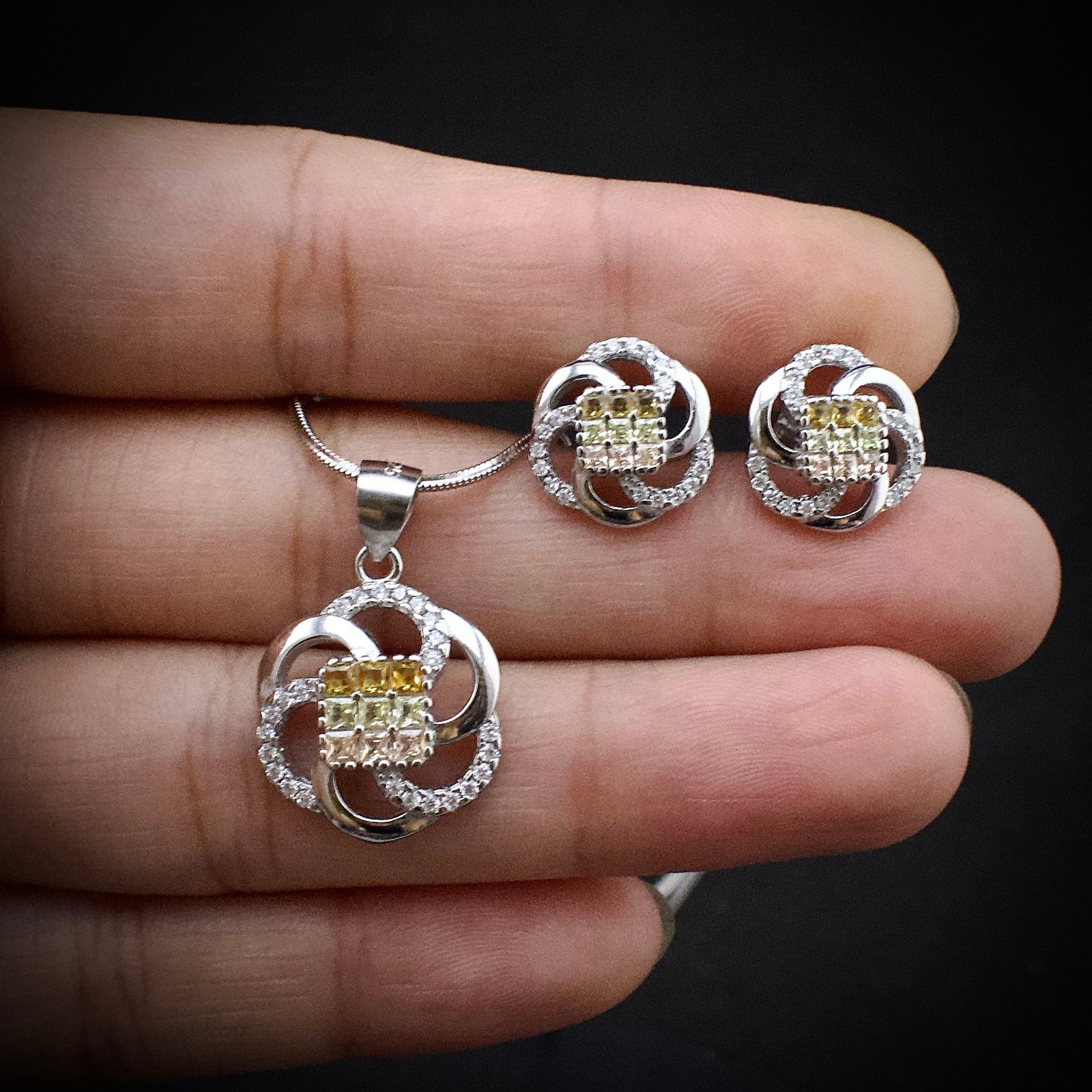 Cubic zirconia pendant earring set, 925 sterling silver and yellow white CZ necklace, Unique birthday gift, Wedding jewelry for bridesmaid
