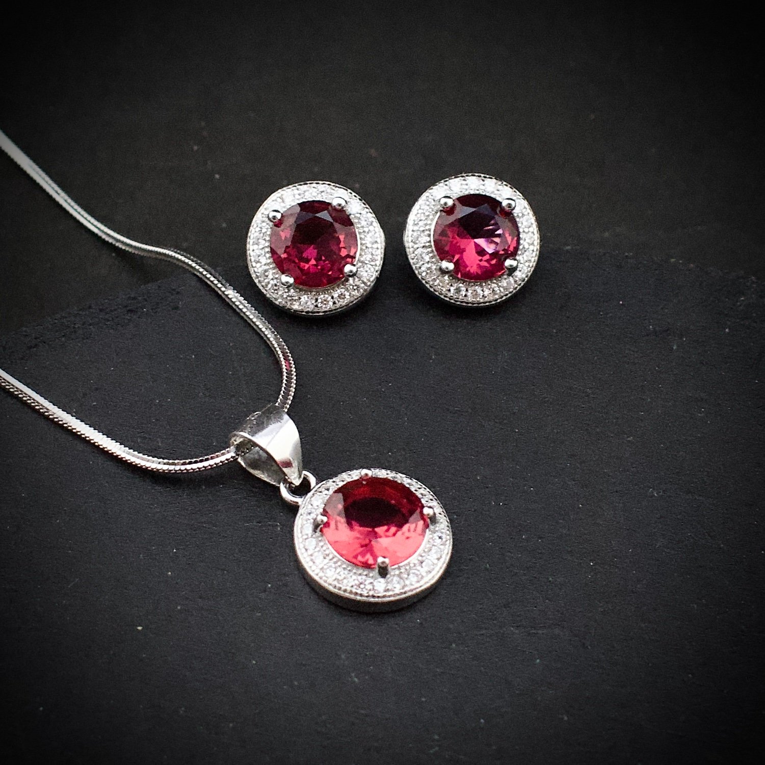 Cubic zirconia pendant earring set 925 sterling silver and pink white CZ neckalce, Unique handmade birthday gift, Wedding jewelry for bride