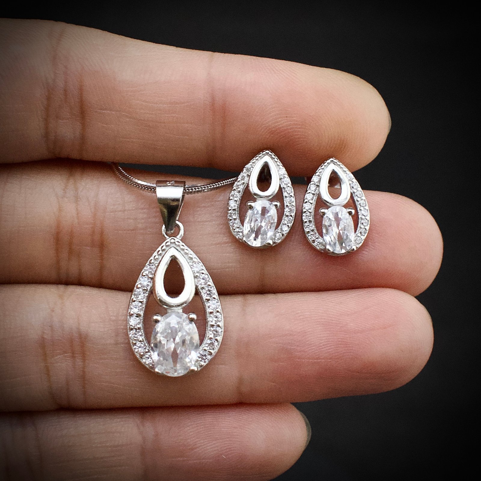 Cubic zirconia pendant earring set 925 sterling silver and white CZ neckalce, Unique handmade birthday gift, Wedding jewelry for bride