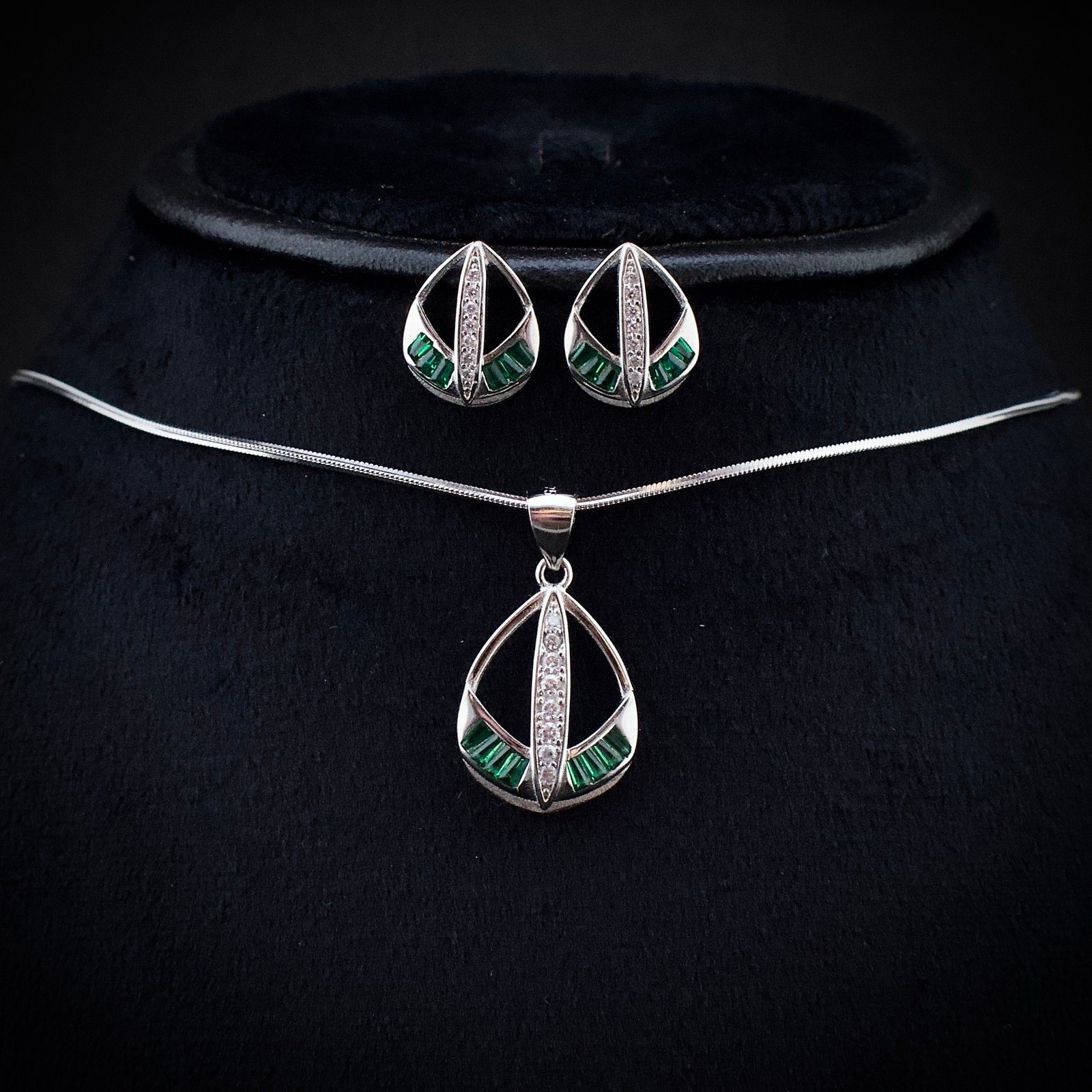 Cubic zirconia pendant earring set 925 sterling silver and green white CZ neckalce, Unique handmade birthday gift, Wedding jewelry for bride