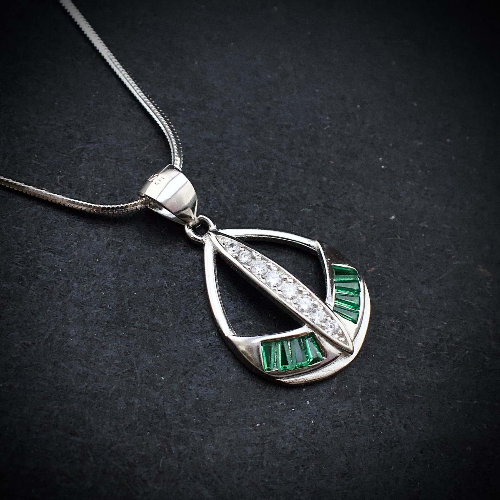 Cubic zirconia pendant earring set 925 sterling silver and green white CZ neckalce, Unique handmade birthday gift, Wedding jewelry for bride