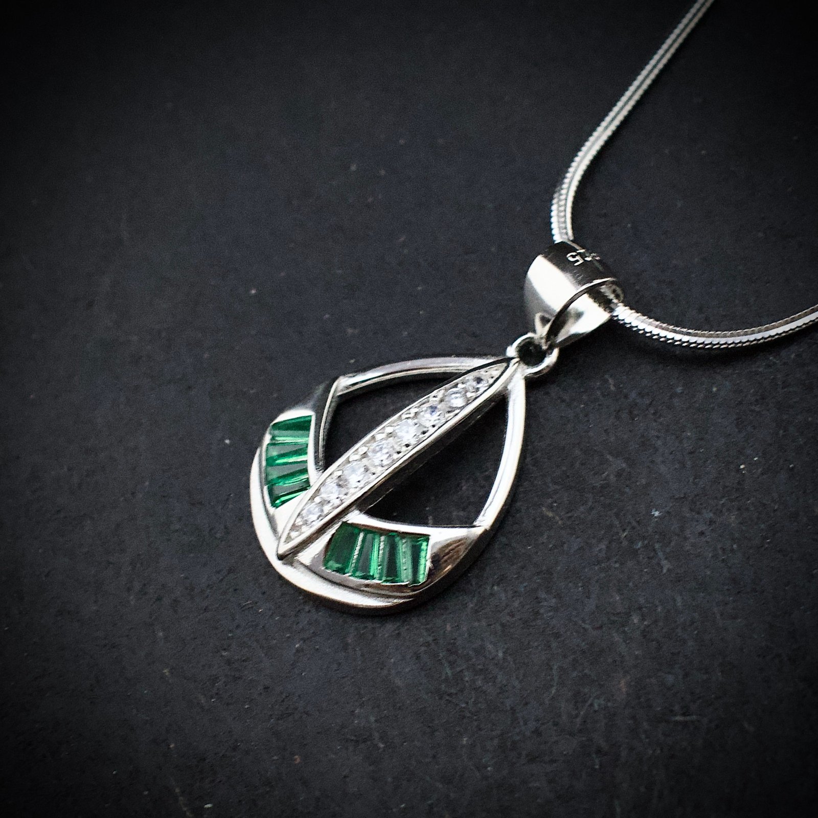 Cubic zirconia pendant earring set 925 sterling silver and green white CZ neckalce, Unique handmade birthday gift, Wedding jewelry for bride