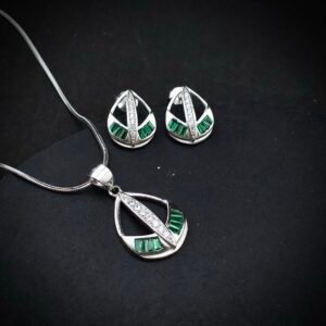 Cubic zirconia pendant earring set 925 sterling silver and green white CZ neckalce, Unique handmade birthday gift, Wedding jewelry for bride