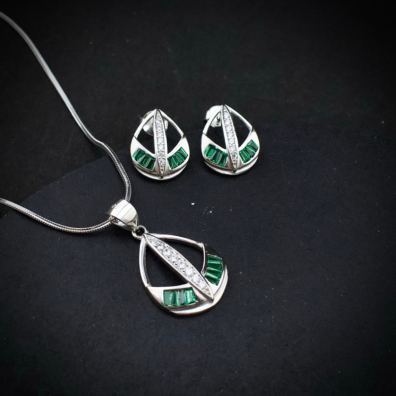 Cubic zirconia pendant earring set 925 sterling silver and green white CZ neckalce, Unique handmade birthday gift, Wedding jewelry for bride