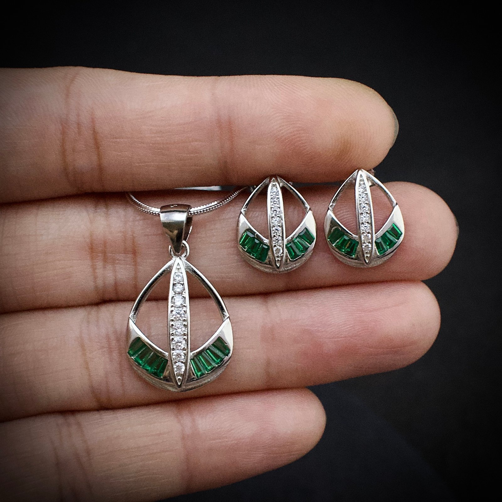 Cubic zirconia pendant earring set 925 sterling silver and green white CZ neckalce, Unique handmade birthday gift, Wedding jewelry for bride