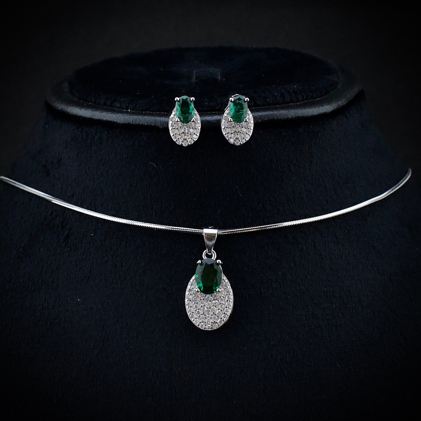 Cubic zirconia pendant earring set 925 sterling silver and green white CZ neckalce, Unique handmade birthday gift, Wedding jewelry for bride