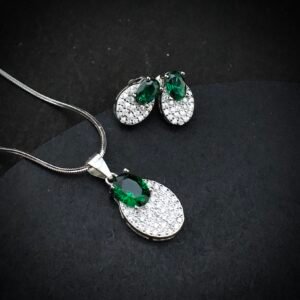 Cubic zirconia pendant earring set 925 sterling silver and green white CZ neckalce, Unique handmade birthday gift, Wedding jewelry for bride