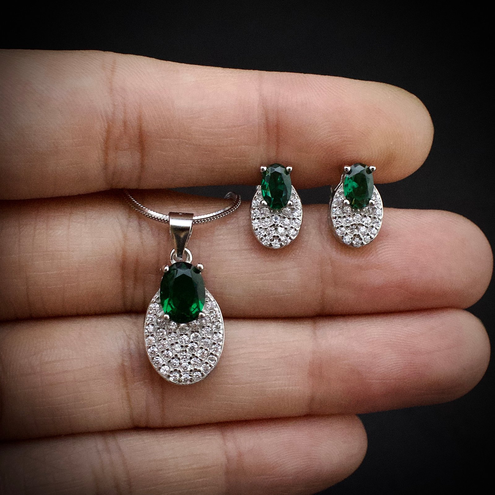 Cubic zirconia pendant earring set 925 sterling silver and green white CZ neckalce, Unique handmade birthday gift, Wedding jewelry for bride