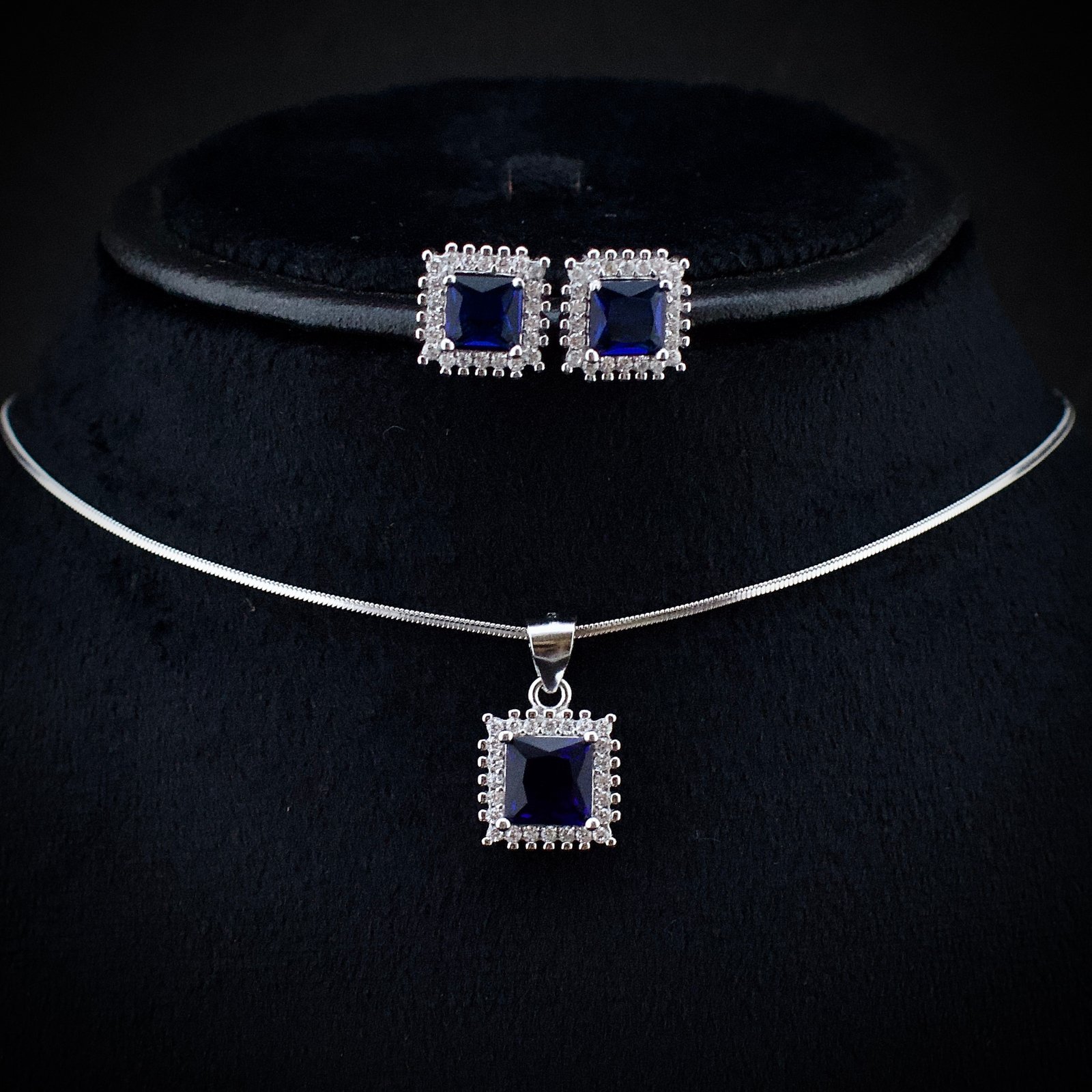 Cubic zirconia pendant earring set, 925 sterling silver and Blue white CZ necklace, Unique birthday gift, Wedding jewelry for bridesmaid