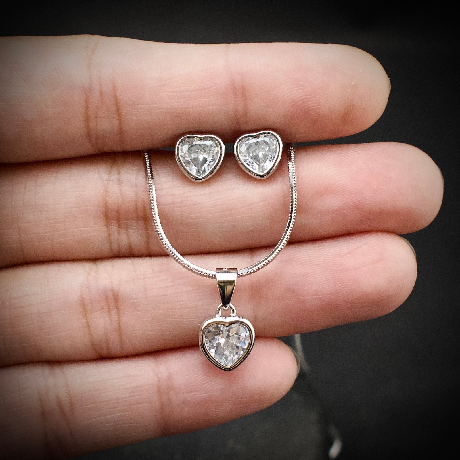 Heart pendant earring set, 925 sterling silver and cubic zirconia neckalce, Unique handmade birthday gift, Wedding jewelry for bride