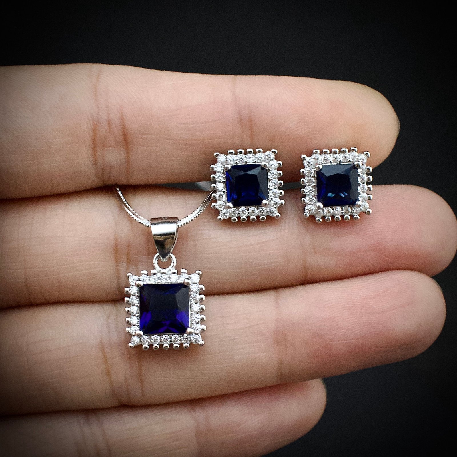 Cubic zirconia pendant earring set, 925 sterling silver and Blue white CZ necklace, Unique birthday gift, Wedding jewelry for bridesmaid