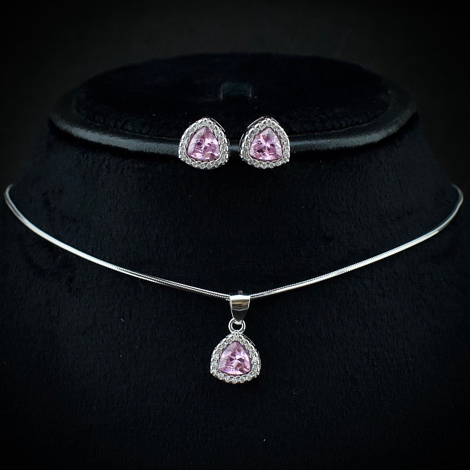 Cubic zirconia pendant earring set 925 sterling silver and pink white CZ neckalce, Unique handmade birthday gift, Wedding jewelry for bride