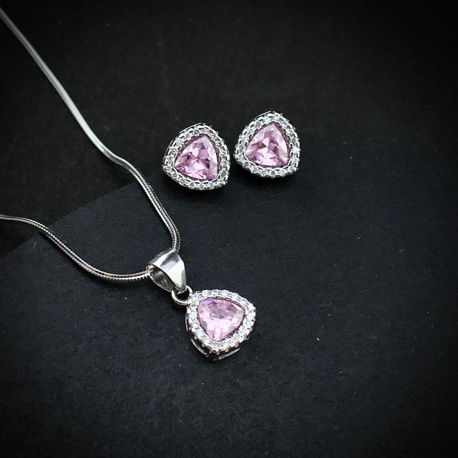 Cubic zirconia pendant earring set 925 sterling silver and pink white CZ neckalce, Unique handmade birthday gift, Wedding jewelry for bride