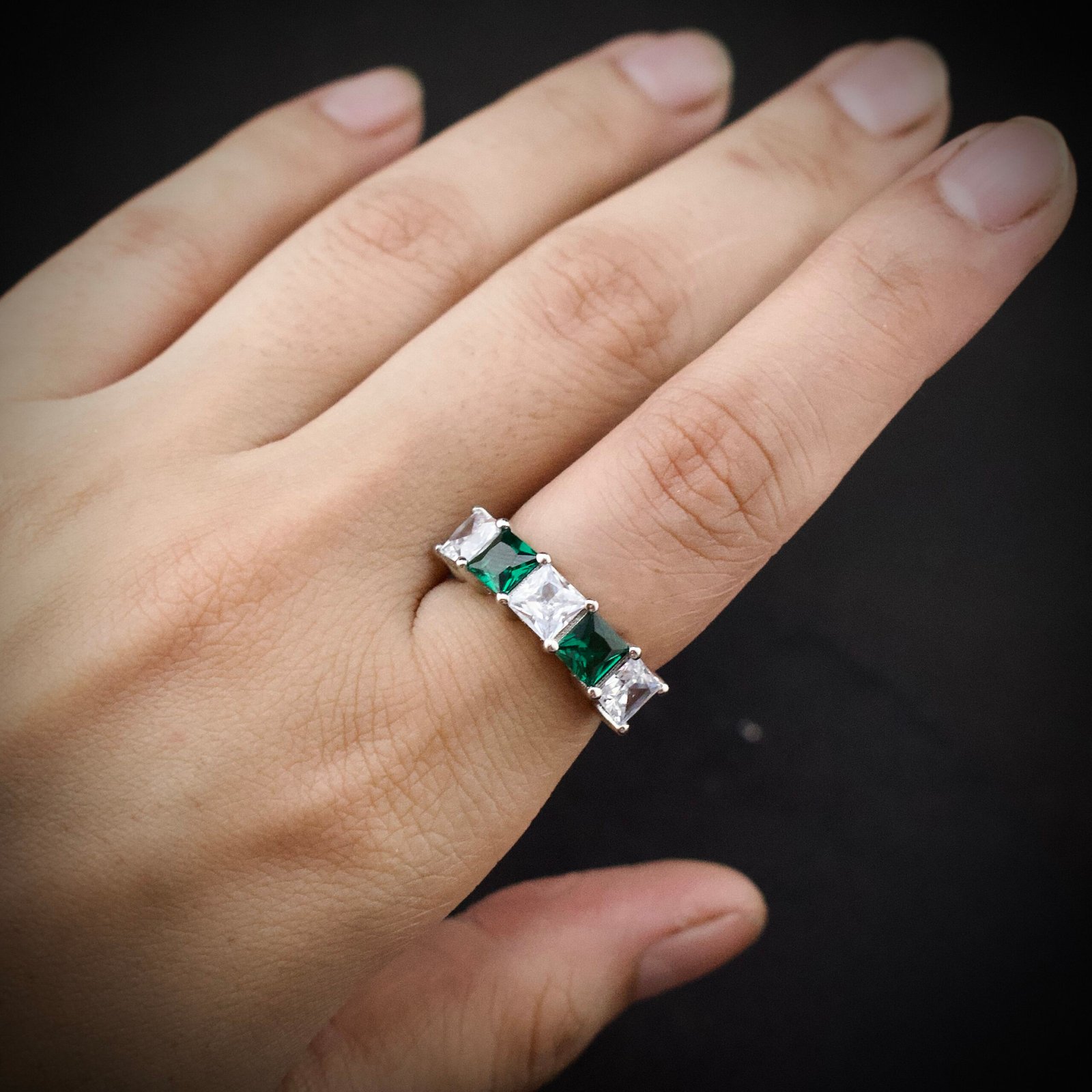 Cubic zirconia ring, size 6 US, Greenand white CZ stone and 925 sterling silver ring, Unique handmade birthday gift, Wedding ring for bride