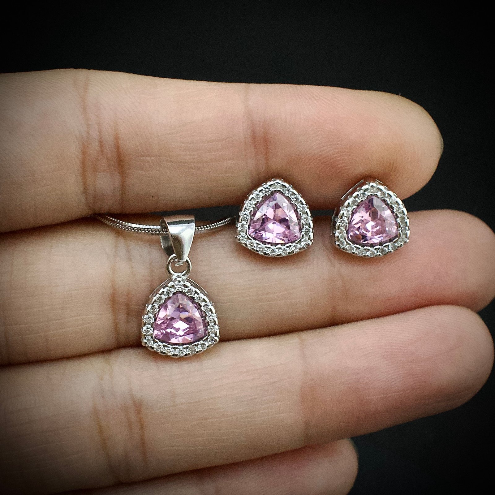 Cubic zirconia pendant earring set 925 sterling silver and pink white CZ neckalce, Unique handmade birthday gift, Wedding jewelry for bride