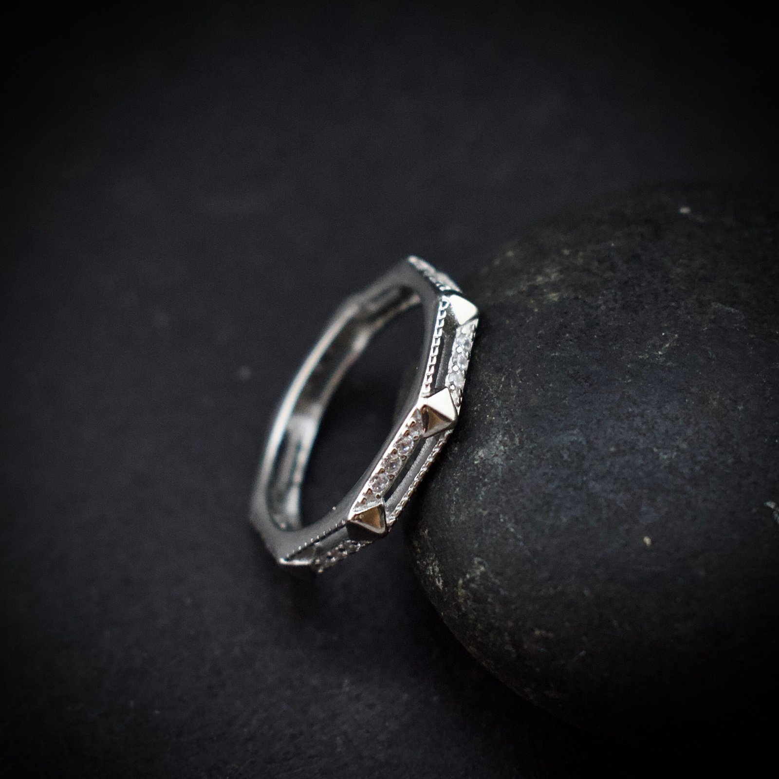 Hexagon ring band, size 6 US, Cubic zirconia stone and 925 sterling silver ring, Unique handmade birthday gift, Wedding ring for bride