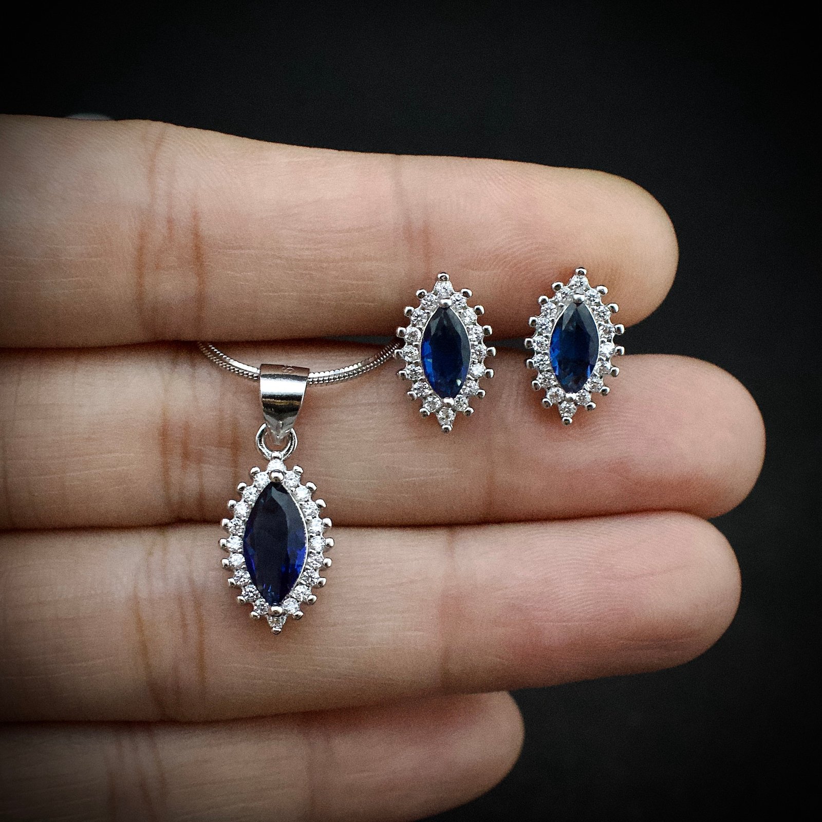 Cubic zirconia pendant earring set, 925 sterling silver and Blue white CZ necklace, Unique birthday gift, Wedding jewelry for bridesmaid