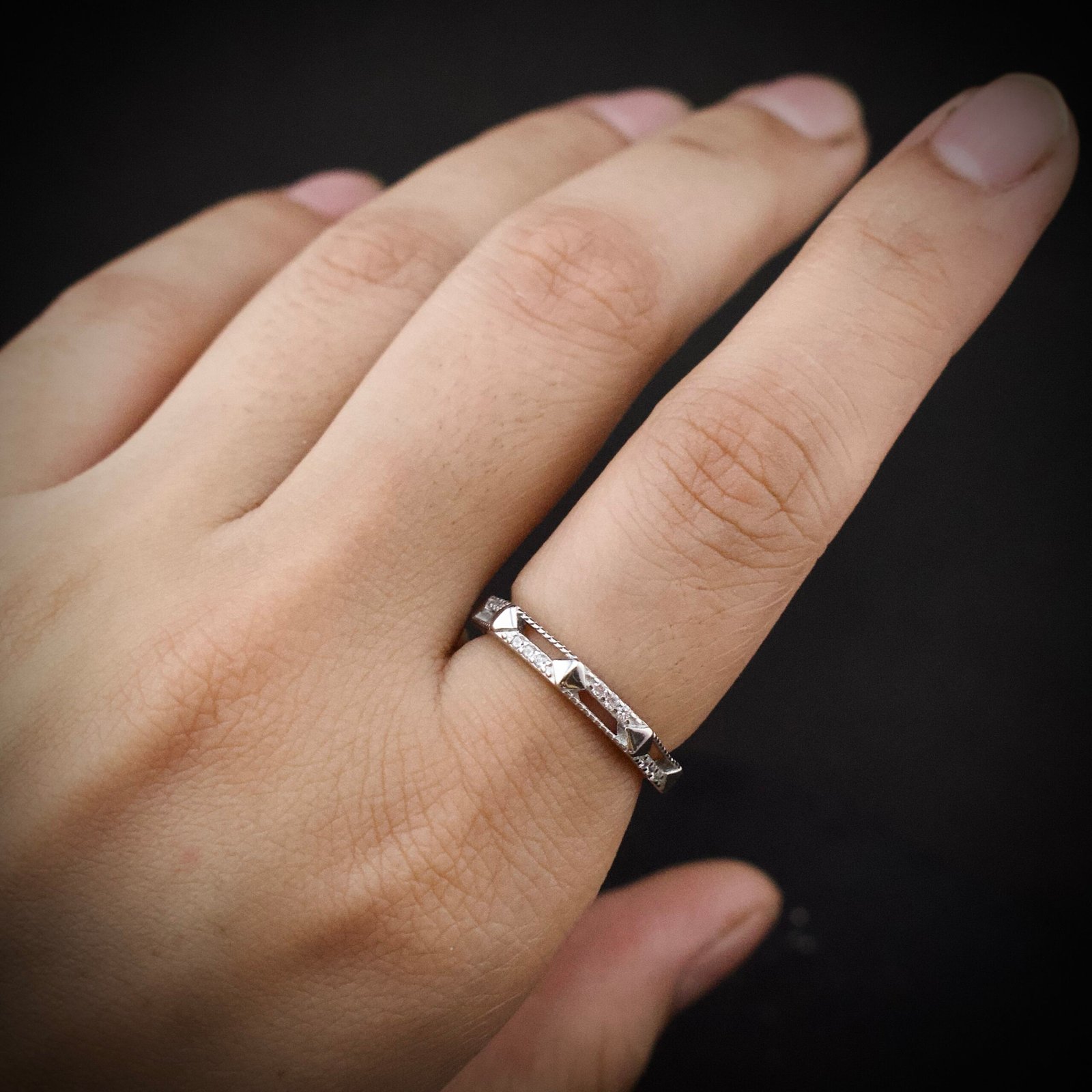 Hexagon ring band, size 6 US, Cubic zirconia stone and 925 sterling silver ring, Unique handmade birthday gift, Wedding ring for bride