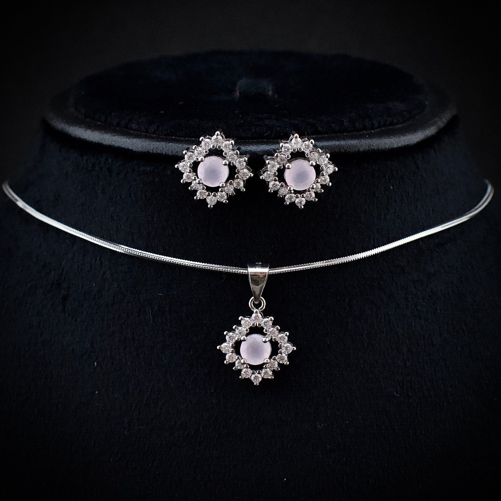 Cubic zirconia pendant earring set 925 sterling silver and pink white CZ neckalce, Unique handmade birthday gift, Wedding jewelry for bride